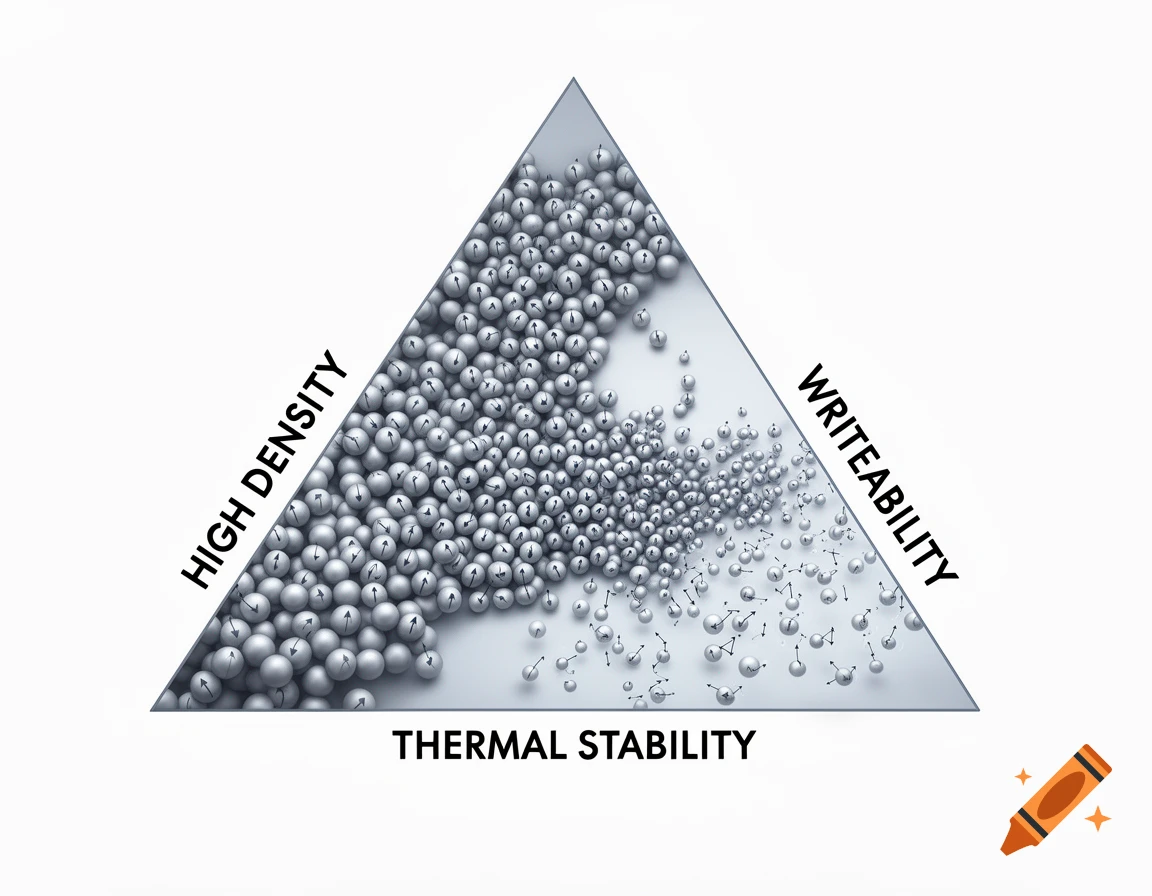 Scientific conceptual illustration of the trilemma in magnetic data storage, with a triangle of varying magnetic grains and labels.