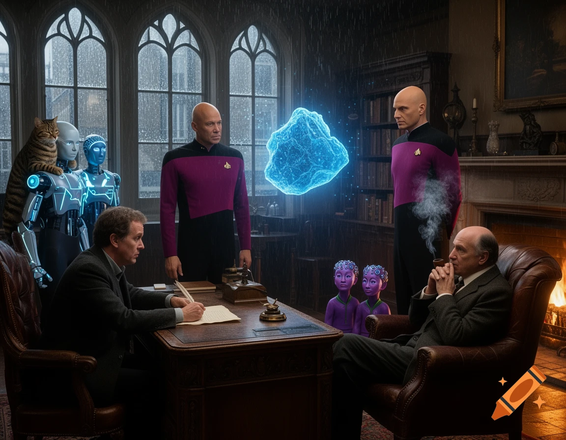 Men, robots, a cat, and aliens in a gothic study. A bald man in a Starfleet uniform stands by a glowing blue anomaly. Another man writes at a desk, while an older man smokes a pipe by a fireplace.
