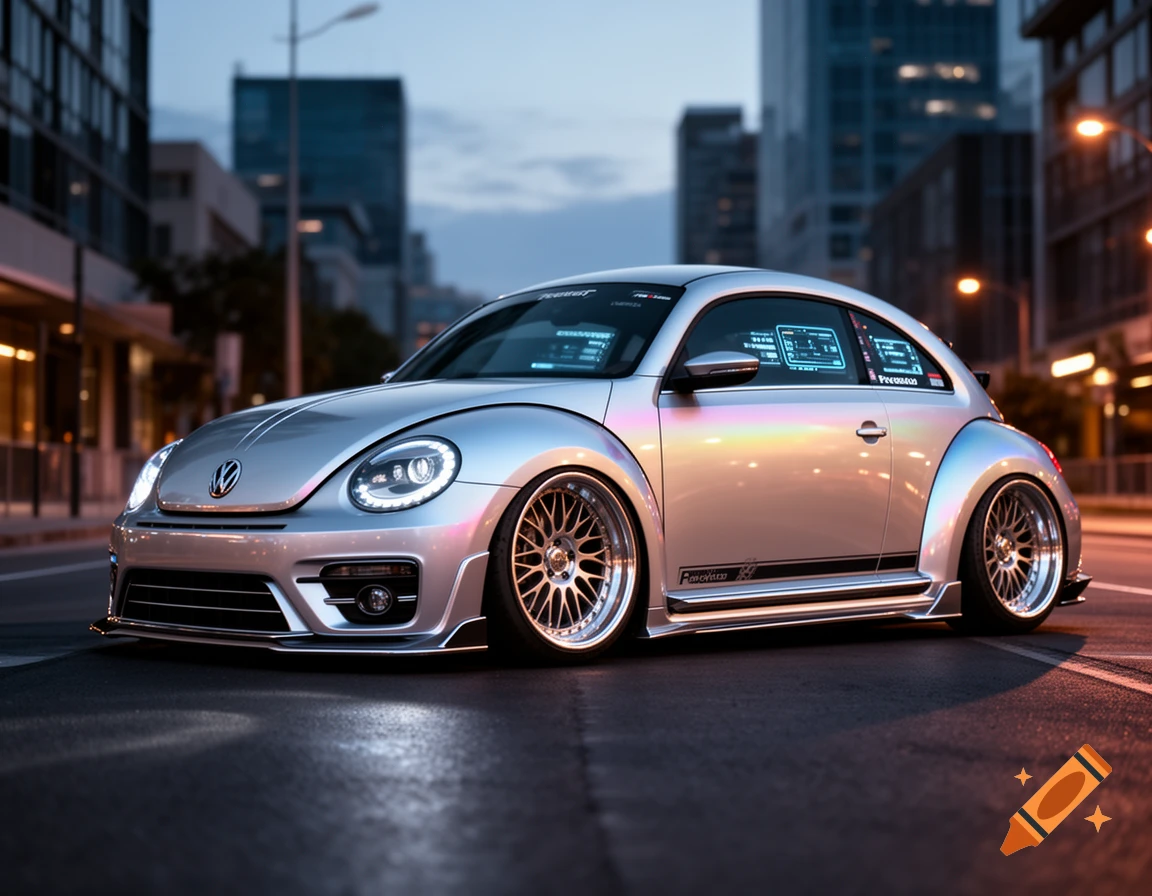 A low-angle shot of a silver, heavily customized Volkswagen Beetle parked on a city street at dusk, with glowing headlights and iridescent paint accents.