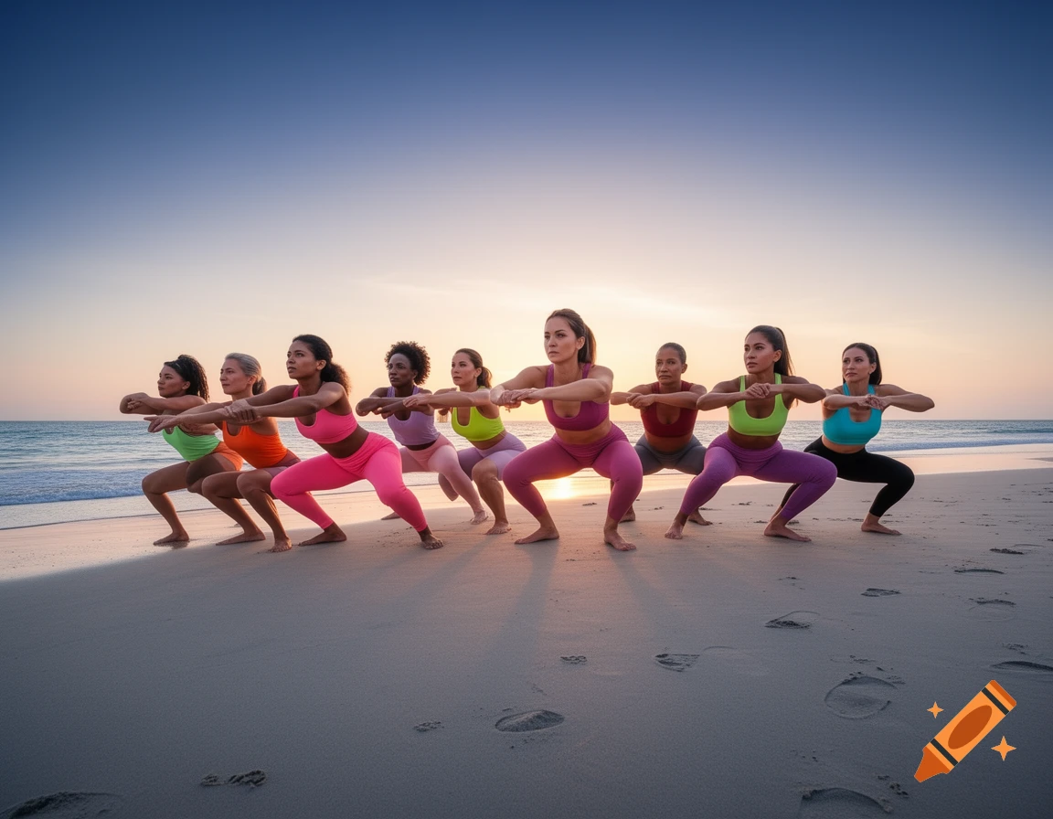 A group of diverse women in athletic wear perform squats on a sandy beach at sunset.
