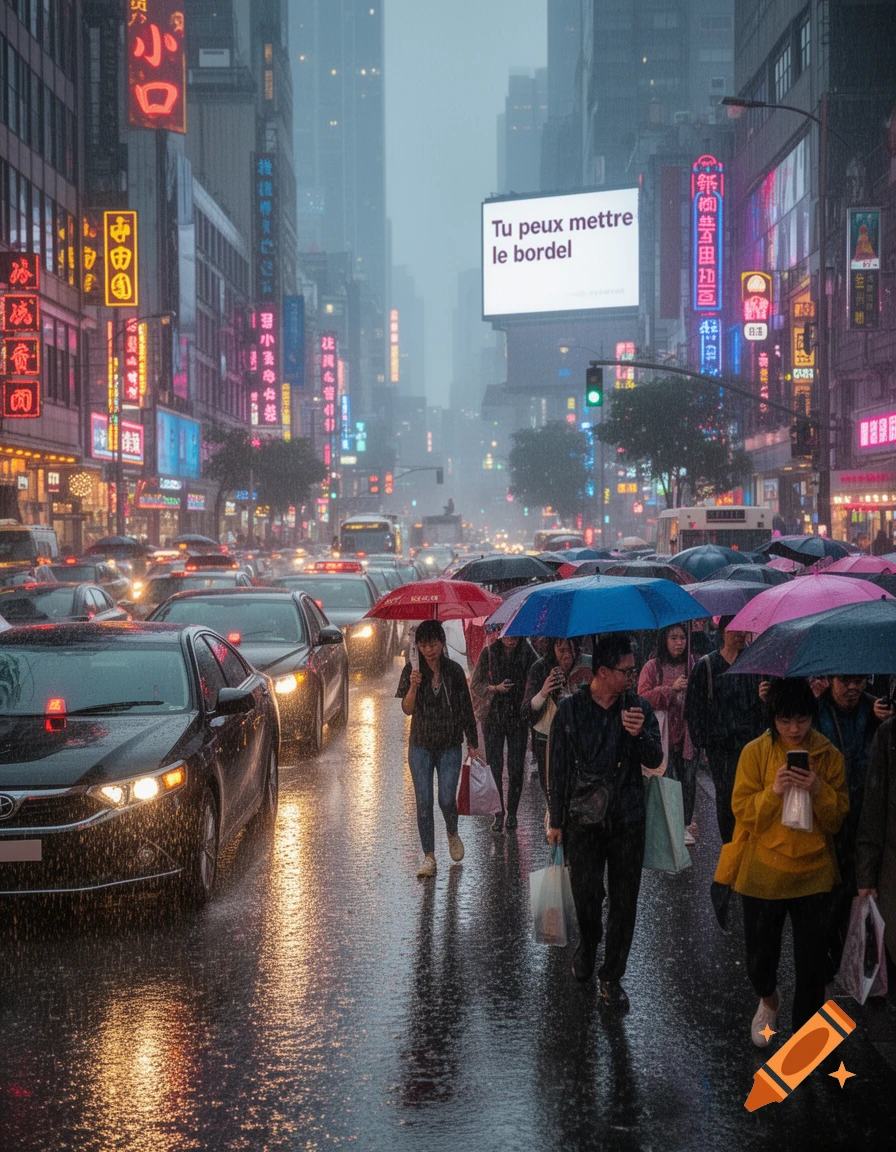 A busy, rainy city street at dusk, with cars on the left and a crowd of people walking with umbrellas on the right. Neon signs light up the buildings, and a large billboard displays 'Tu peux mettre le bordel'.