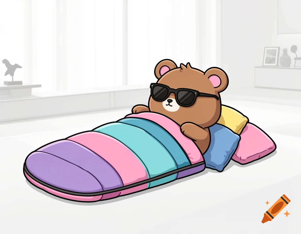 A cute, minimalist cartoon bear wearing sunglasses lies in a rainbow sleeping bag on the floor with colorful pillows.