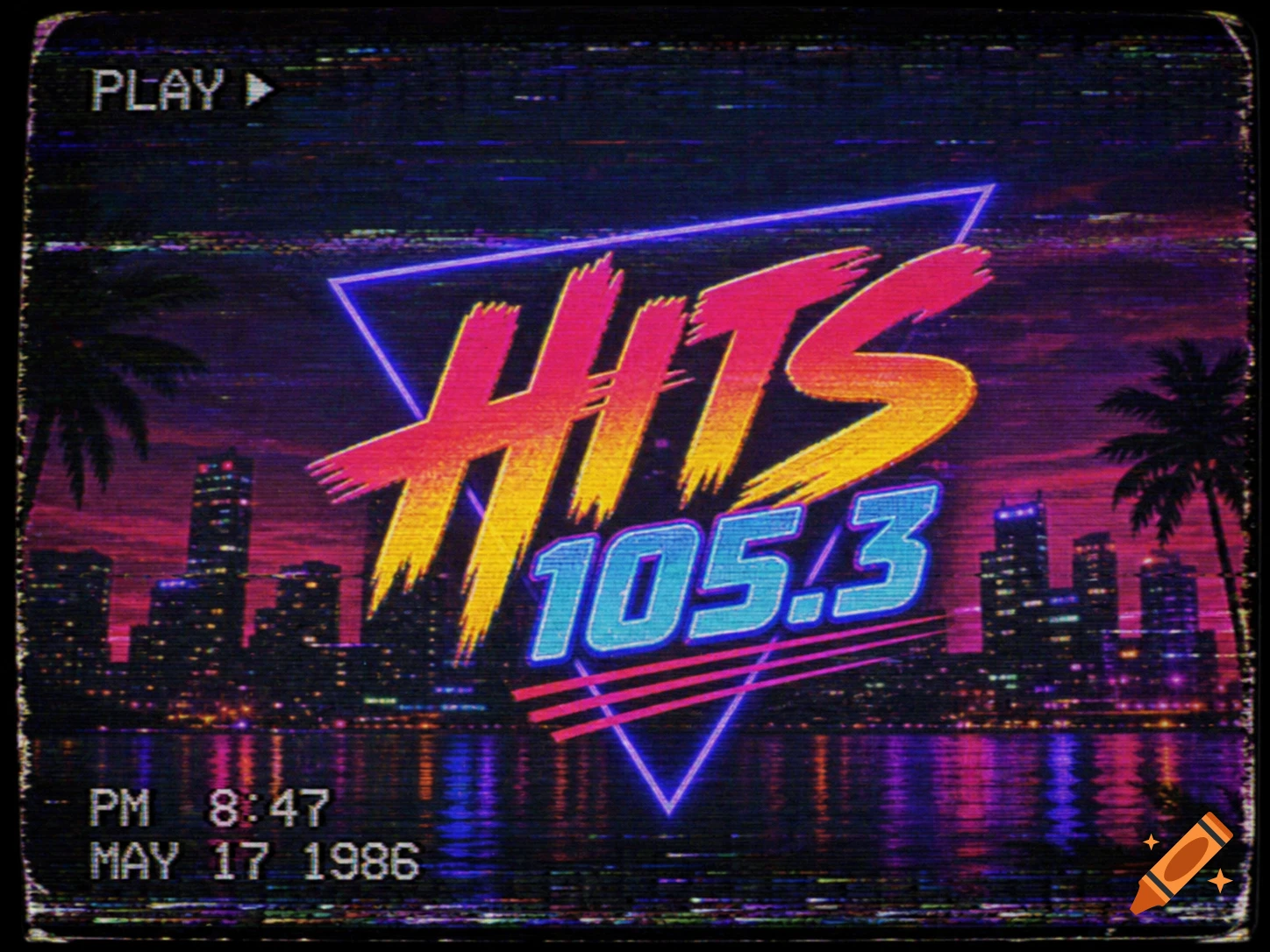 A retro vaporwave cityscape with palm trees and a neon 'HITS 105.3' logo, overlaid with VHS static, 'PLAY', and time/date display.
