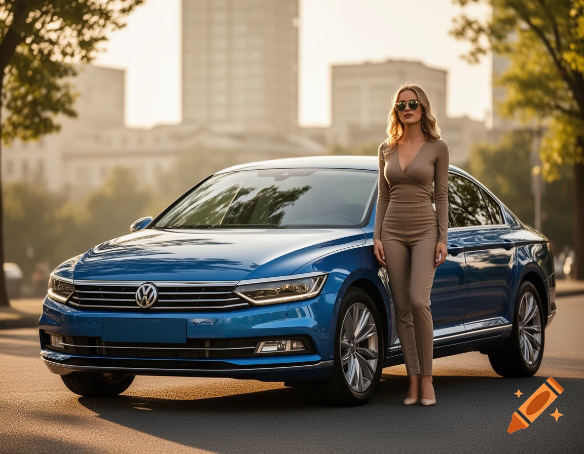 A blonde woman in a beige jumpsuit stands beside a blue Volkswagen Passat on a city street at sunset.