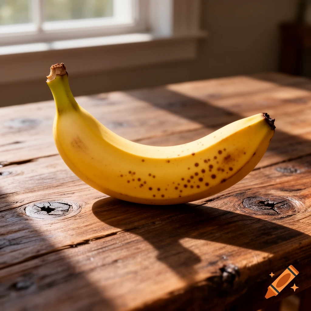 A ripe yellow banana with brown spots rests on a rustic wooden table, illuminated by sunlight from a window.
