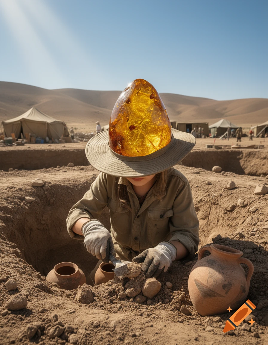 A photorealistic image of an archaeologist digging in a desert, with a large, glowing amber gemstone for a head.