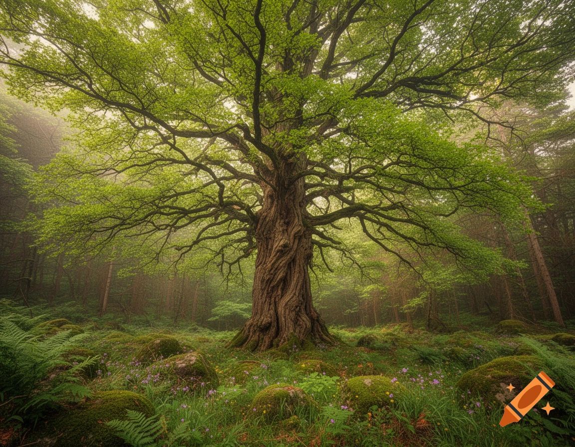 A majestic, gnarled tree with vibrant green leaves dominates a misty, moss-covered forest floor filled with ferns and small flowers, photorealistic.