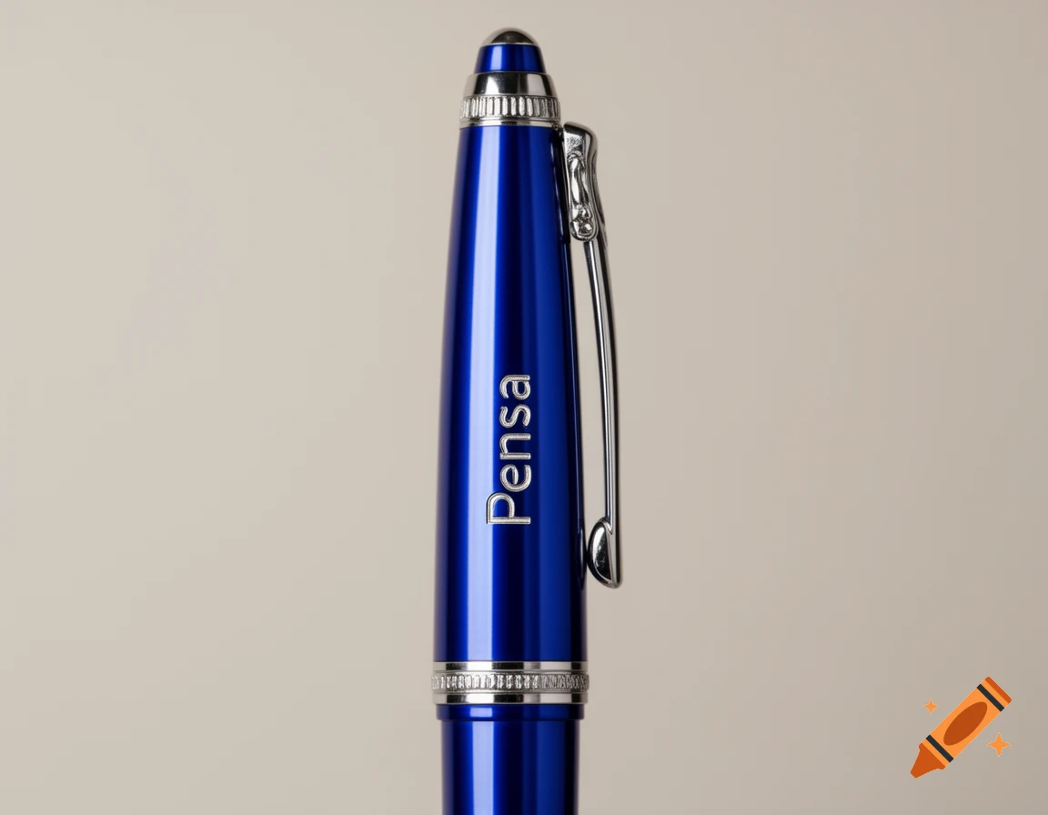 Close-up of a shiny blue pen with chrome accents and 'Pensa' engraved on its side, against a light background.