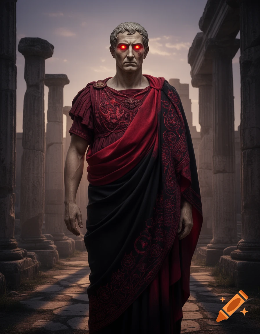 A figure resembling Julius Caesar with glowing red eyes, wearing a red and black toga with dark symbols, stands in ancient ruins.