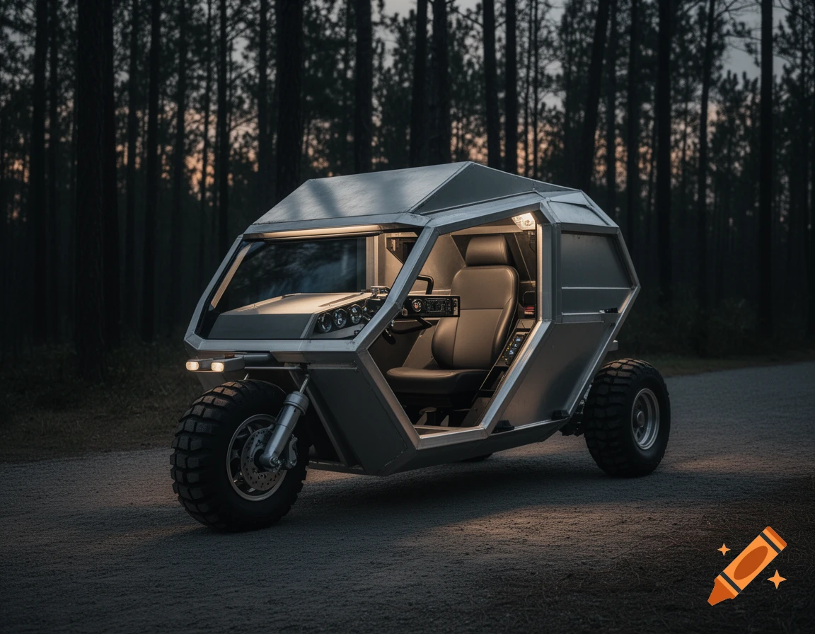 A futuristic silver three-wheeled utility vehicle with an illuminated interior, parked on a dirt road in a dark forest at dusk.