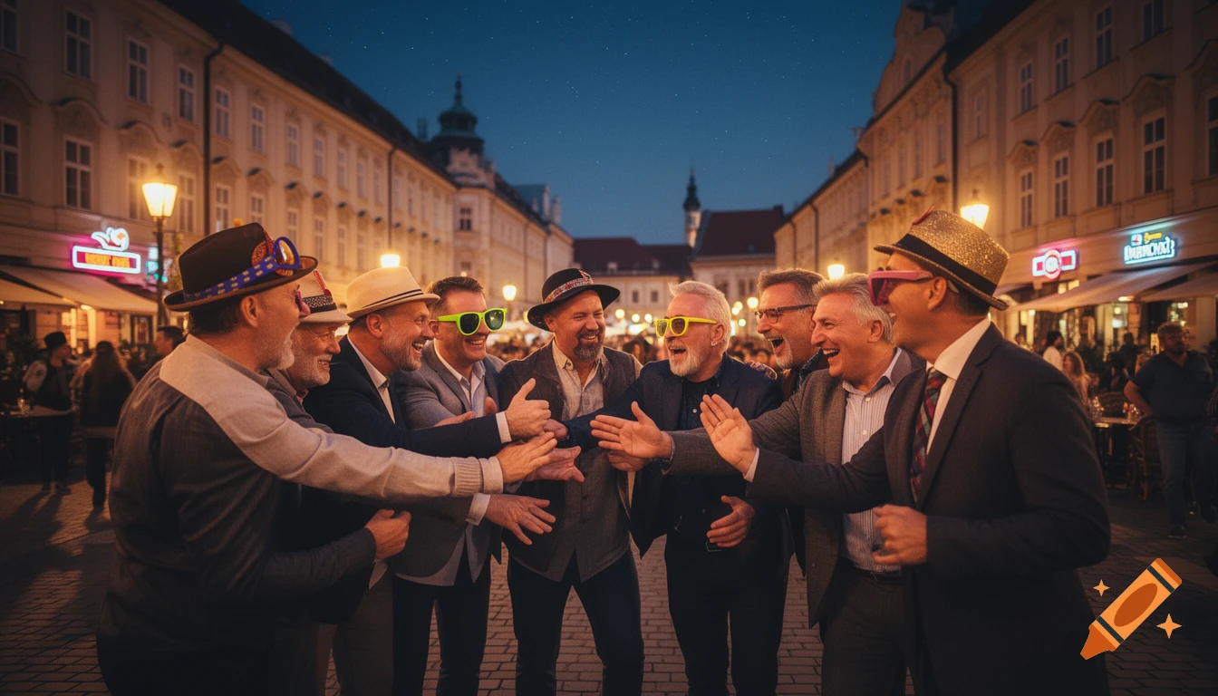 Group of joyful older men in hats and sunglasses laughing and high-fiving on a lively city street at night.
