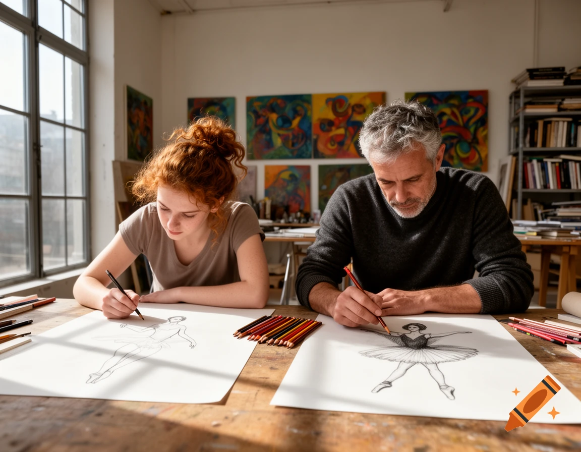 A young woman with red hair and an older man with gray hair drawing ballet dancers in an art studio, photorealistic.