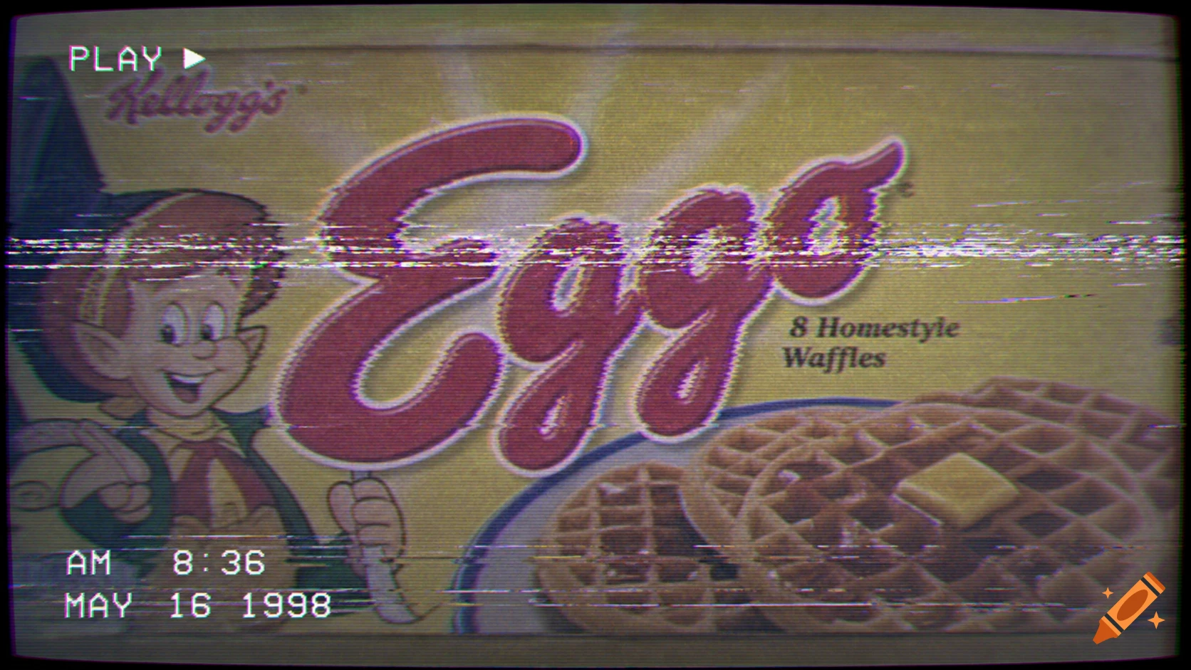 Eggo waffle box with cartoon elf and waffles, depicted with a retro VHS tracking error effect and 1998 timestamp.