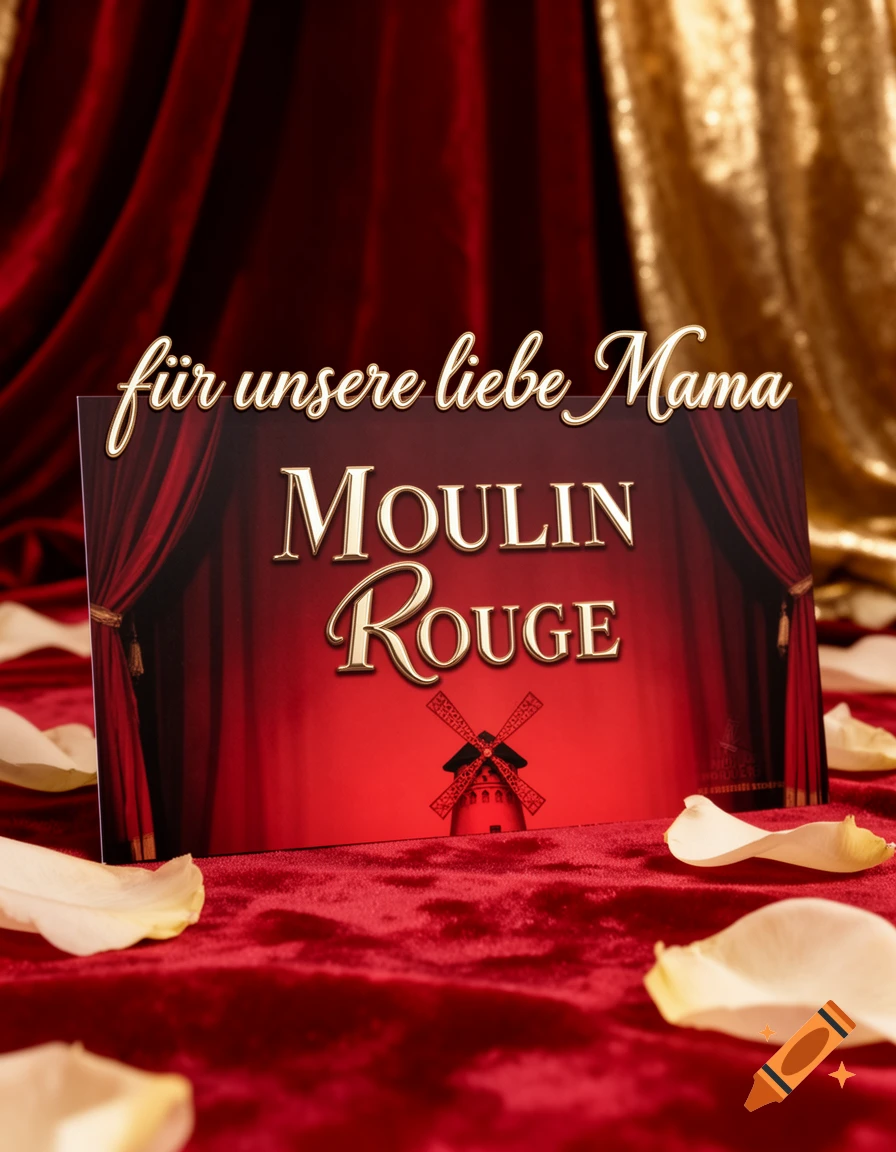 A red velvet Moulin Rouge voucher with golden text, surrounded by white rose petals on a red and gold draped background.