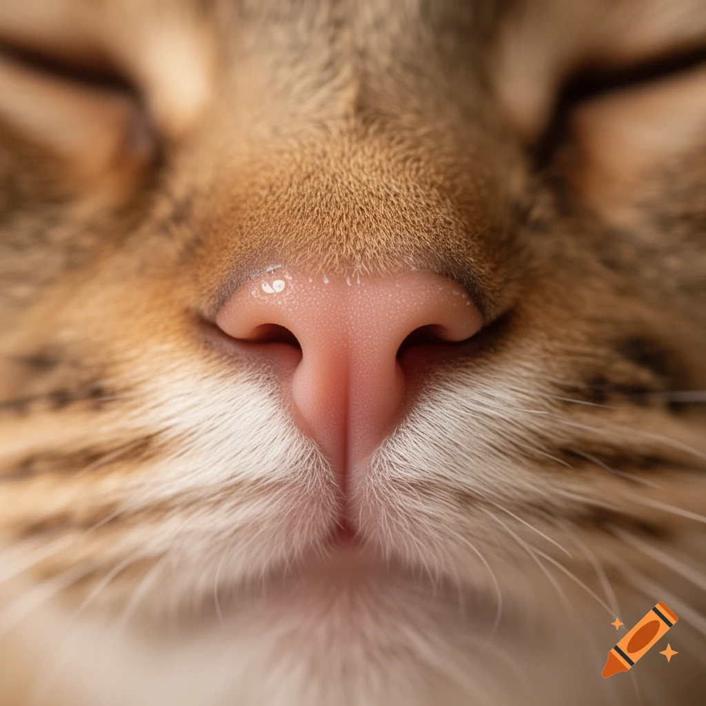 Close-up, detailed shot of a tabby cat's pink nose and white whiskers.