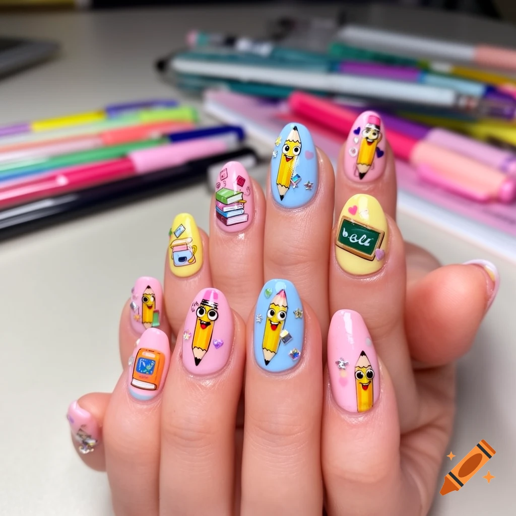 A hand displays cute, colorful back-to-school themed nail art, featuring smiling cartoon pencils, stacks of books, a coffee cup, and a chalkboard.