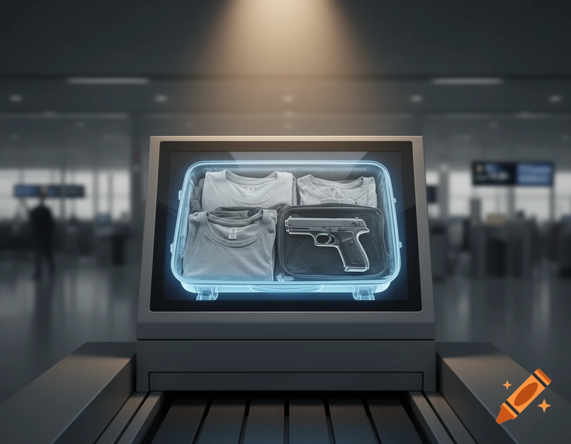 A photorealistic image of an airport X-ray screen displaying a suitcase containing folded t-shirts and a handgun.
