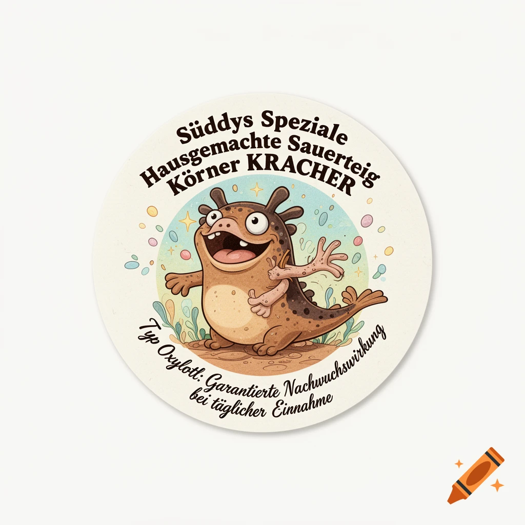 A cartoon sticker shows a happy brown axolotl-like monster with an arm regrowing. Text reads "Süddys Speziale Hausgemachte Sauerteig Körner KRACHER" and "Typ Oxylotl: Garantierte Nachwuchswirkung bei täglicher Einnahme".