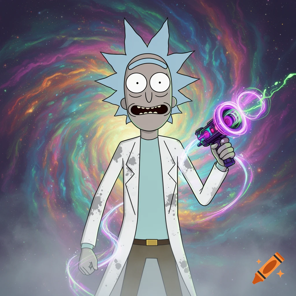 Rick Sanchez from Rick and Morty holds a glowing ray gun against a vibrant, swirling cosmic background in a cartoon style.