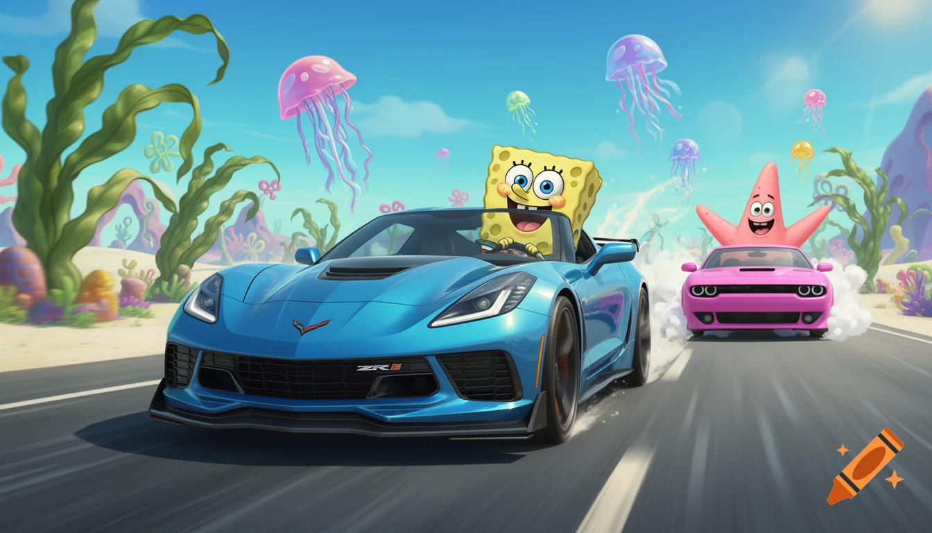 SpongeBob in a blue Corvette ZR1 races Patrick in a pink Dodge Challenger, with jellyfish flying in the sky over a sandy, seaweed-filled landscape.
