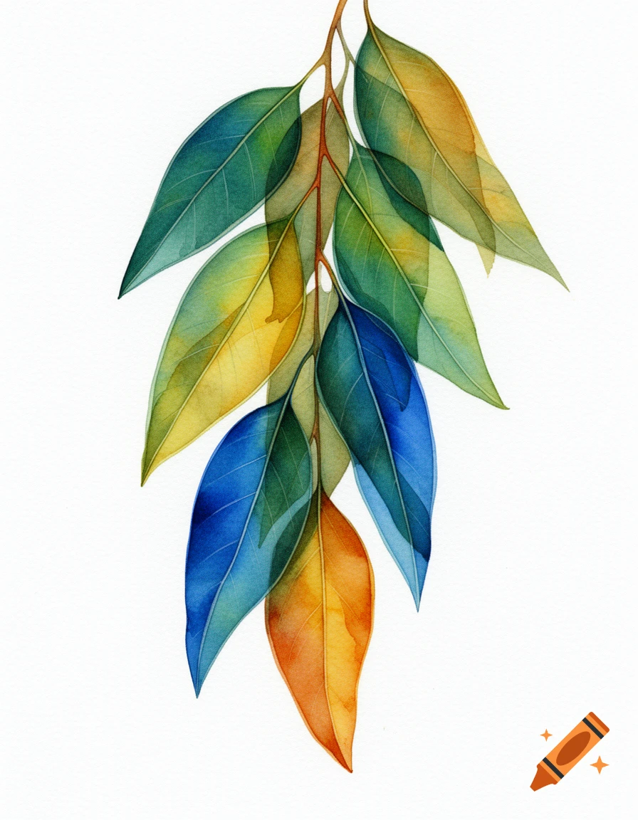 Watercolor illustration of translucent eucalyptus leaves in shades of green, yellow, blue, and orange on a white background.