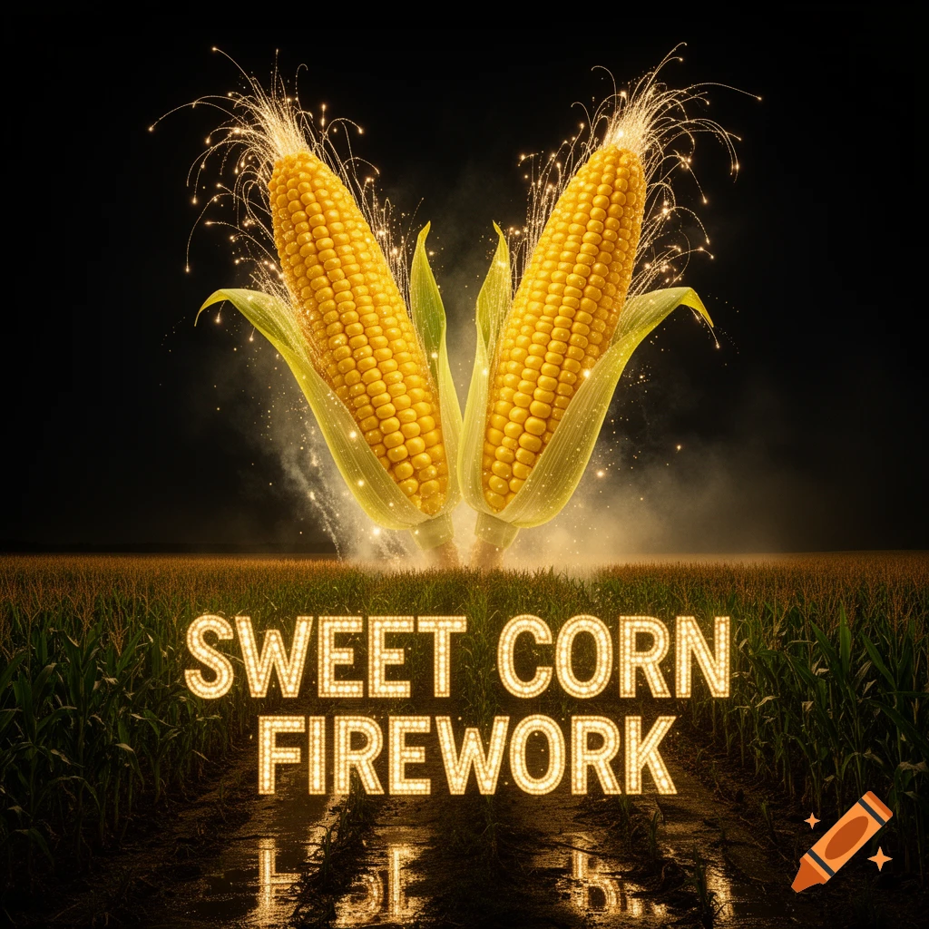 Two glowing ears of sweet corn with fireworks sparking from their tops, standing in a cornfield above text 'SWEET CORN FIREWORK'.