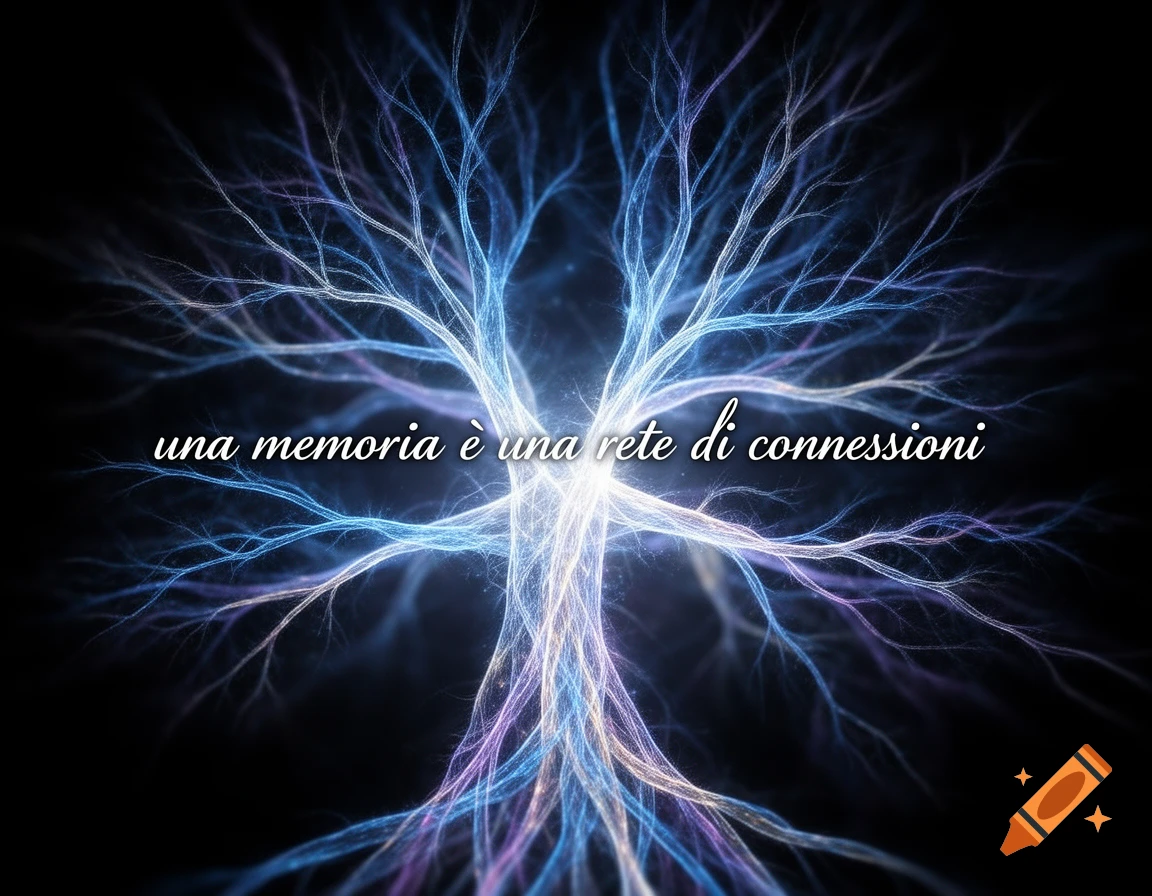 Abstract glowing neural network resembling a tree with text 'una memoria \u00e8 una rete di connessioni' on dark background.