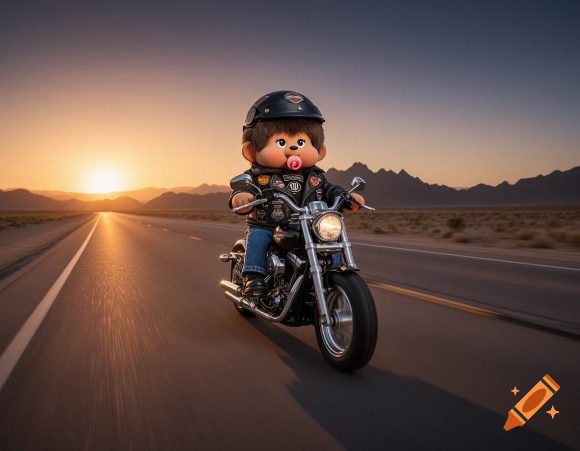A cute, Monchhichi-like character in a leather jacket and helmet rides a motorcycle down a desert highway at sunset, rendered in a photorealistic style.