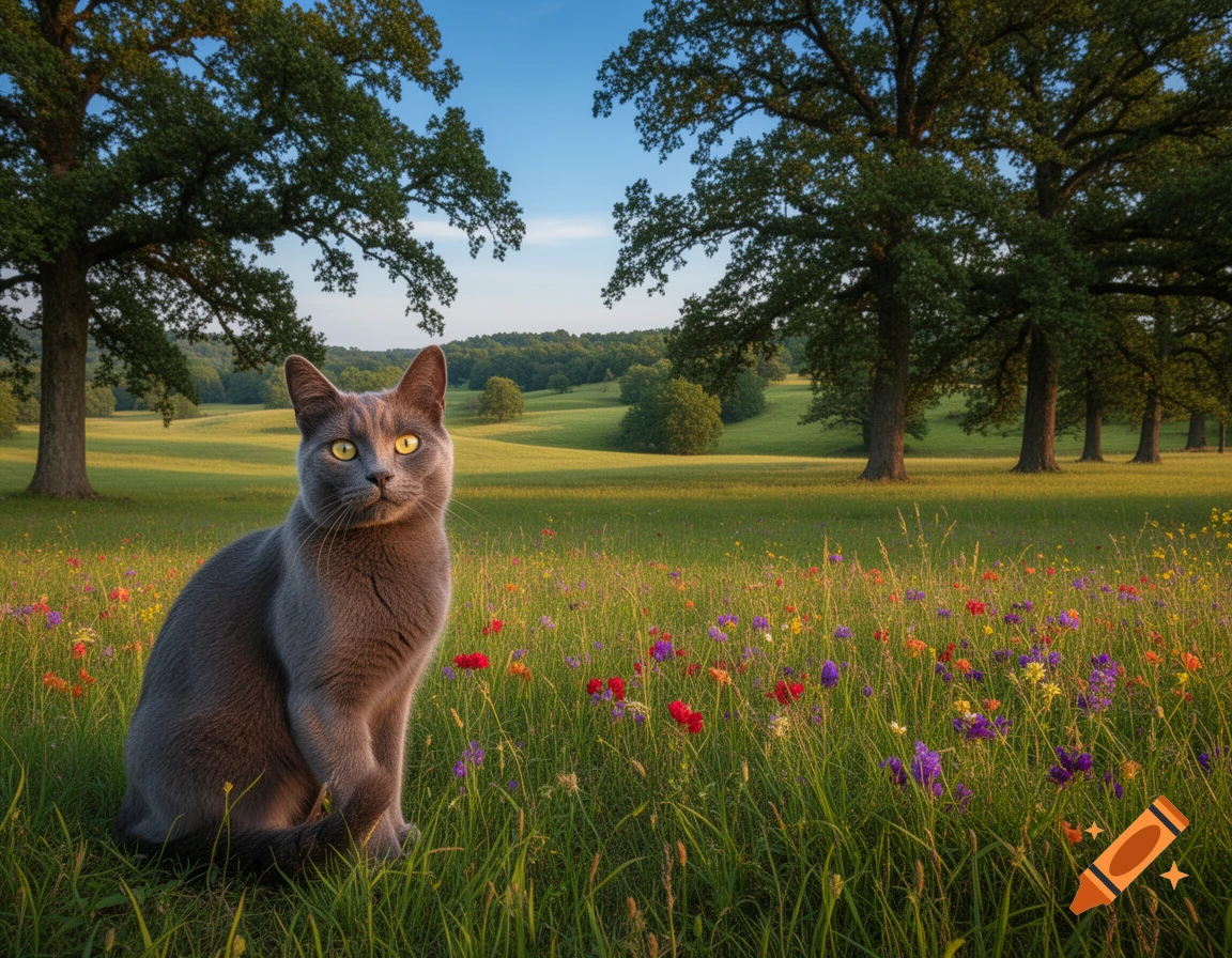 Photorealistic image of a grey cat with yellow eyes sitting in a vibrant wildflower meadow with trees in the background.