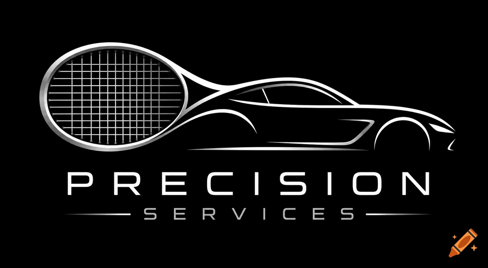 Logo with a white outline of a tennis racket merging into a sports car, with 'PRECISION SERVICES' text on a black background.