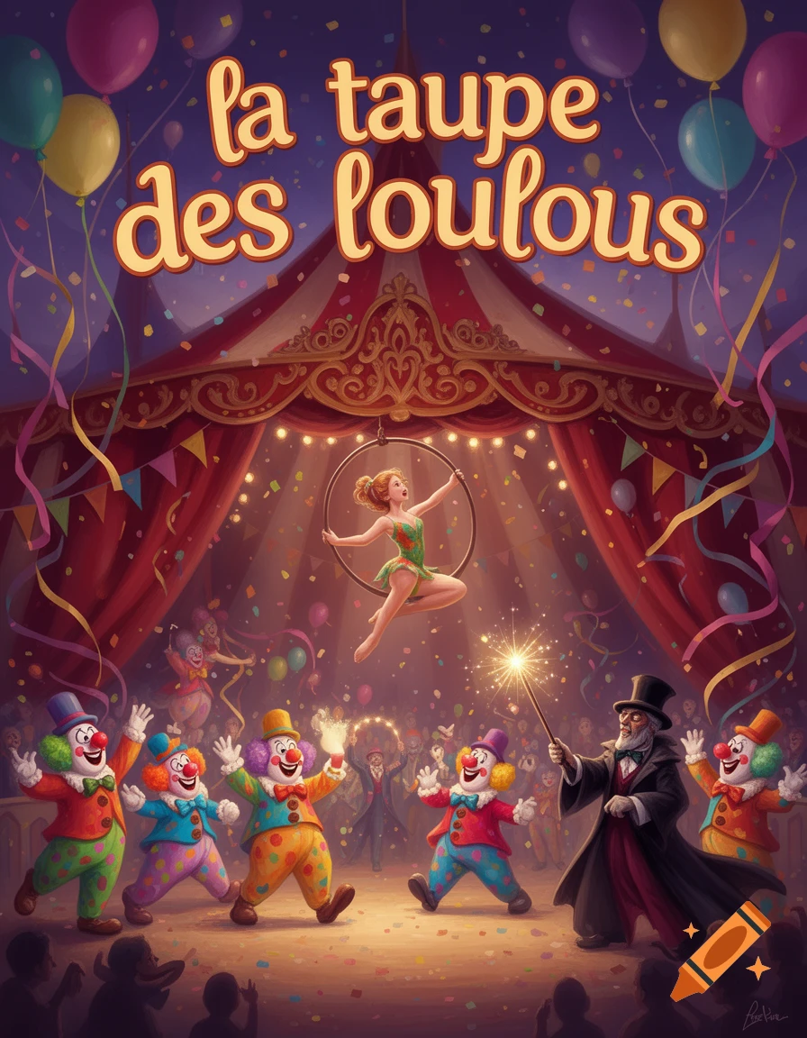 A vibrant circus poster with clowns, an aerialist on a hoop, and a magician holding a sparkler under a big top, with colorful balloons and confetti. Text reads "la taupe des loulous".