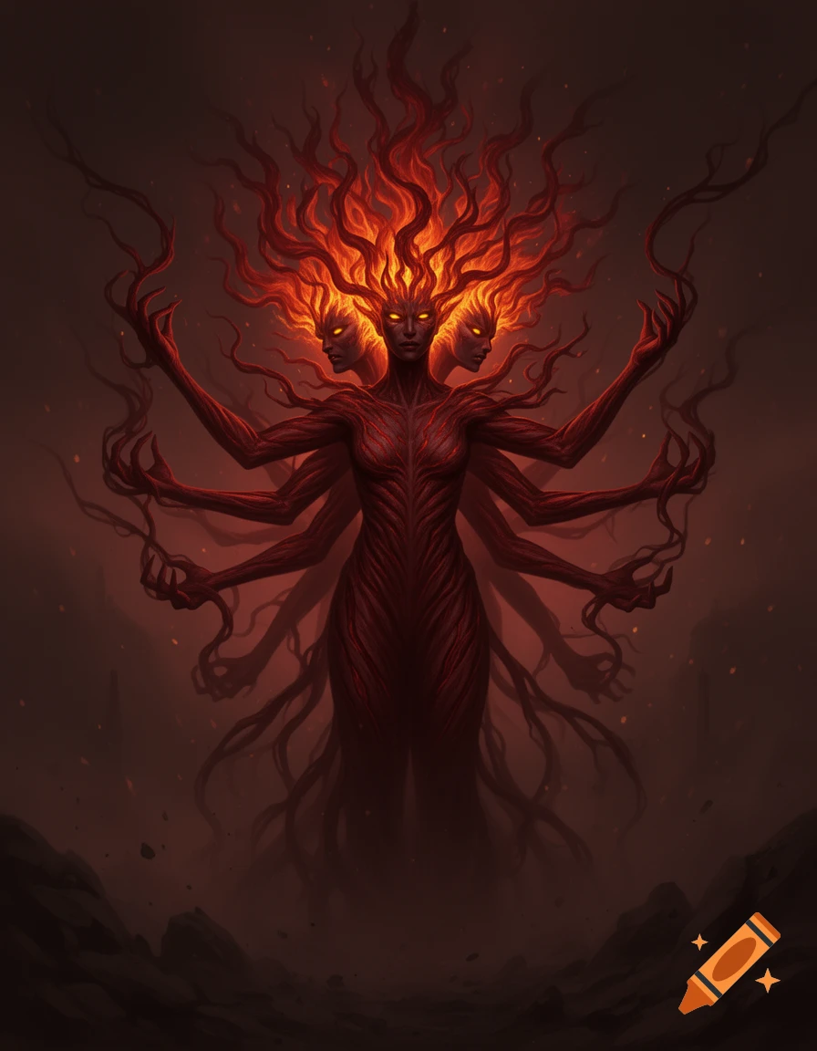A multi-faced, multi-limbed demonic entity with fiery hair, red skin, and glowing eyes stands in a smoky abyss, dark fantasy art.