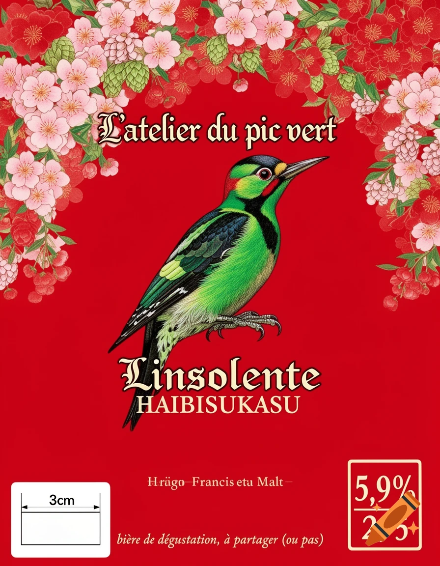 A red beer label with a green woodpecker surrounded by pink and red flowers. Gothic-style text reads 'L'atelier du pic vert' and 'L'insolente HAIBISUKASU'.