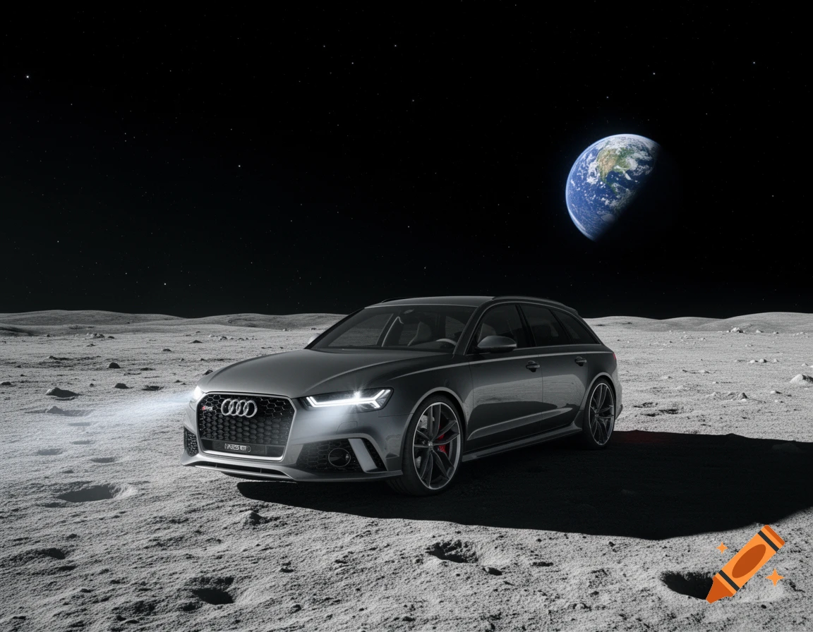 A dark grey Audi RS6 station wagon sits on the moon's cratered surface under a starry sky, with Earth visible above.