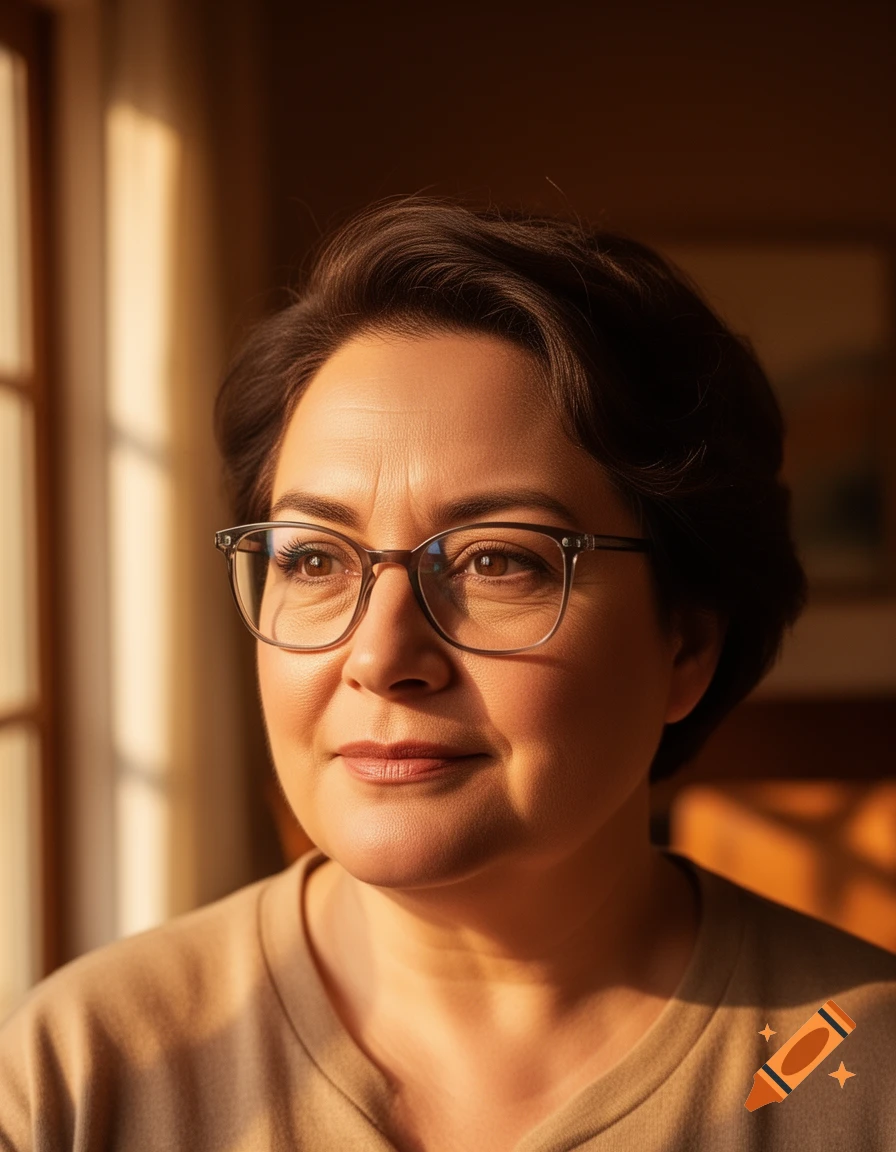Close-up portrait of a woman with short dark hair and glasses, looking out a window bathed in warm sunlight.