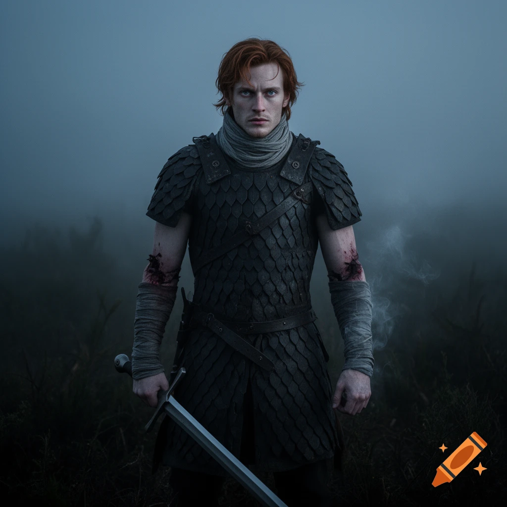 A pale man with auburn hair in dark scale armor, holding a longsword, stands in a misty, dark landscape. Wounds on his arms weep a dark, smoke-like substance. Photorealistic.