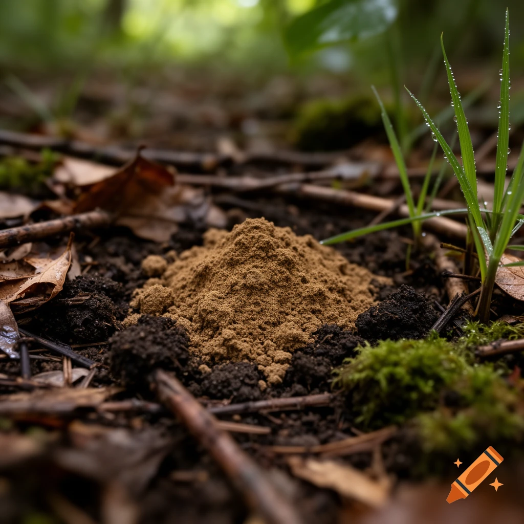 A close-up of a pile of brown sandy soil on a forest floor with dark earth, leaves, moss, and dewy grass.