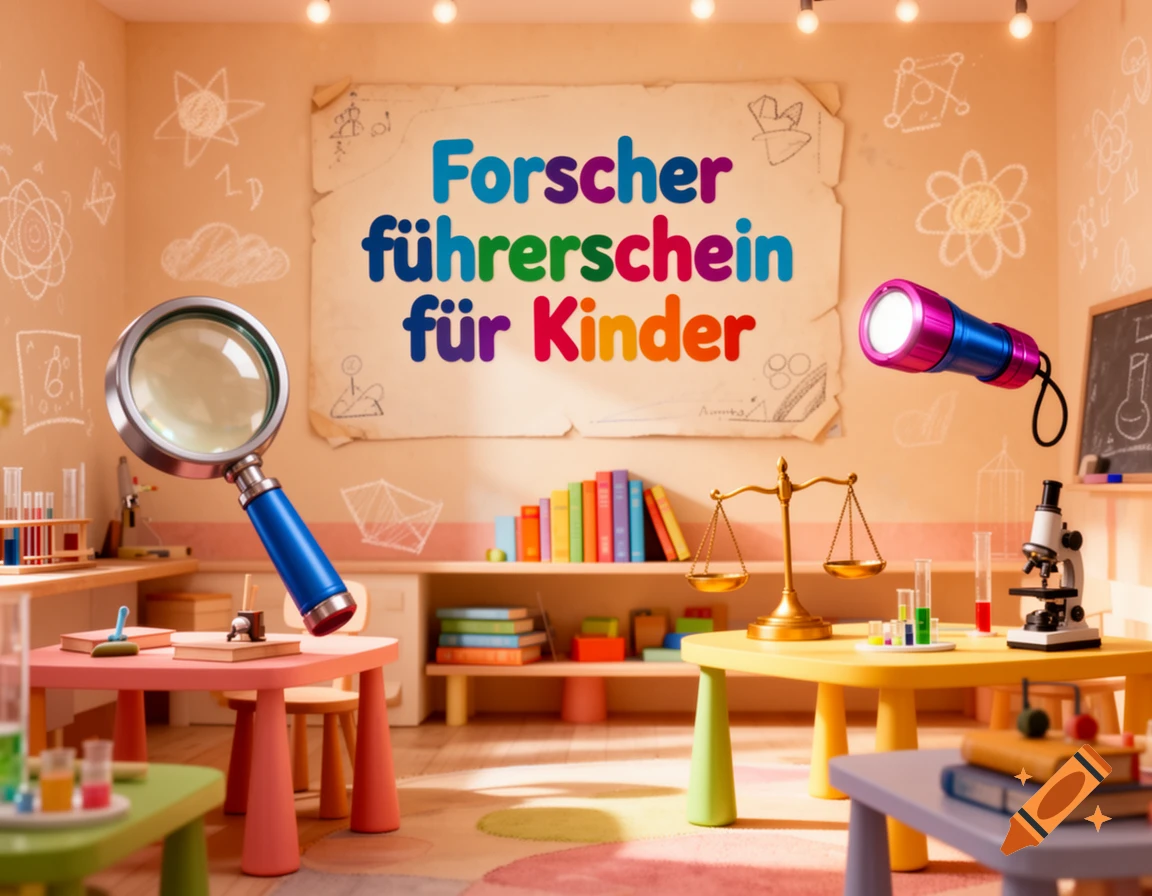 A vibrant, cartoon-style children's science lab with a magnifying glass, flashlight, balance scale, and the text "Forscher Führerschein für Kinder".