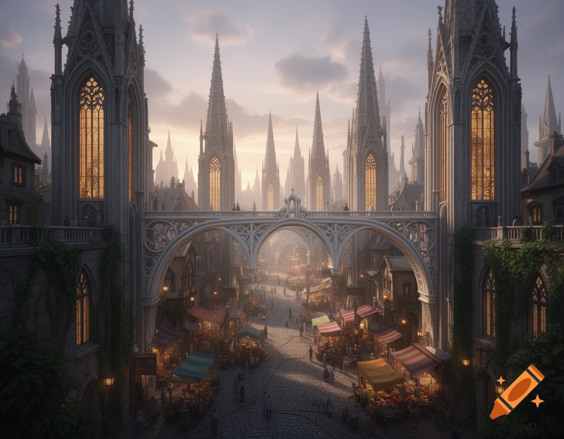 A fantasy city with tall, gothic spires and arched bridges overlooking a bustling street market at dusk.