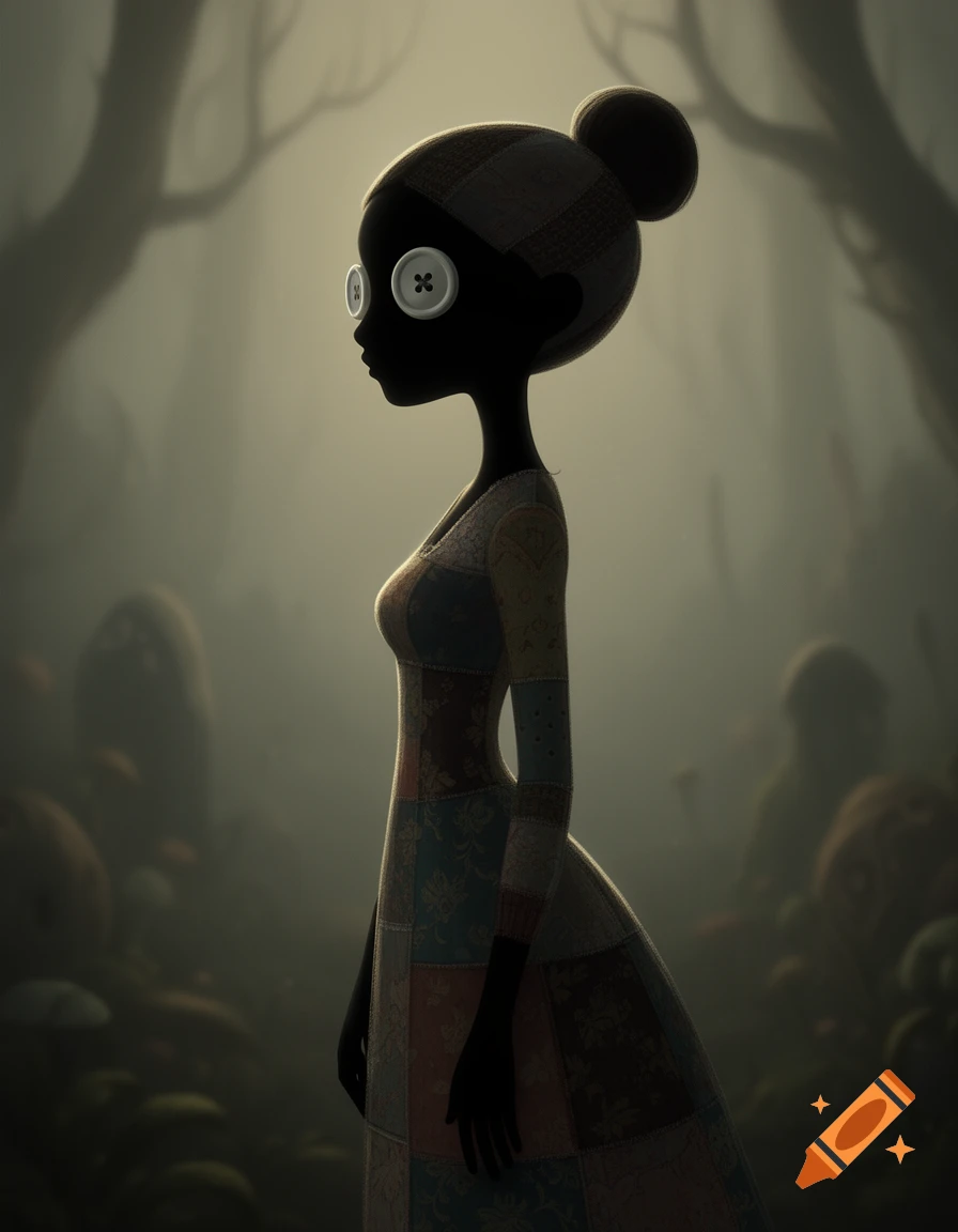 A dark silhouette of a button-eyed character in a patchwork dress, standing in profile in a misty forest.