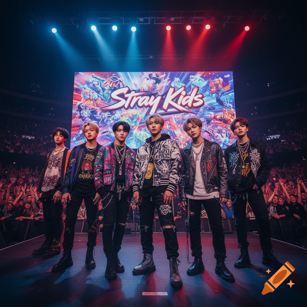 A K-Pop group, Stray Kids, performs on a brightly lit stage in front of a large screen displaying their logo and a cheering crowd.