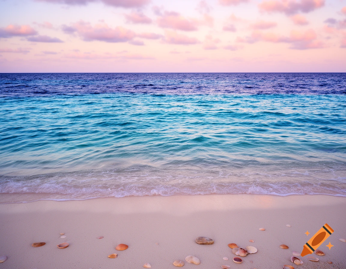 Tranquil beach at sunset with turquoise water, white sand, seashells, and a pink and purple sky.