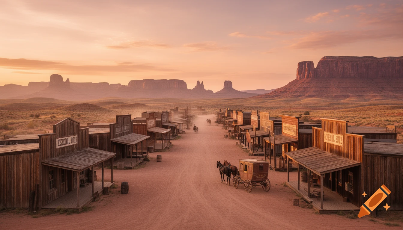 Panoramic view of a dusty Old West town street lined with wooden buildings, a horse-drawn carriage, and mesa mountains under a sunset sky.