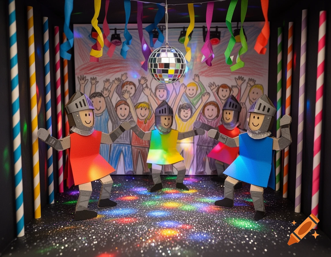 Child-made papercraft diorama of knights dancing at a disco with a drawn crowd in the background.