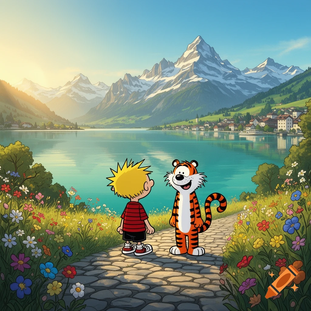 Cartoon of Calvin and Hobbes on a flower-lined path, overlooking a serene mountain lake with a village and snowy peaks.