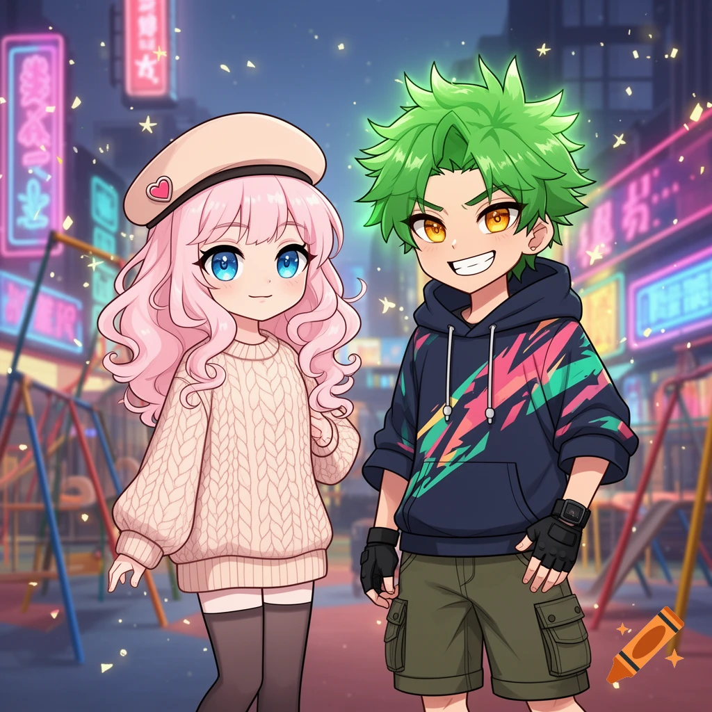 A chibi anime girl with pink hair and a boy with green hair stand smiling in a neon-lit urban street at night.
