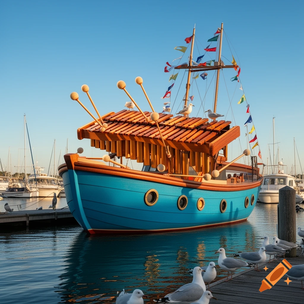 A whimsical blue boat shaped like a xylophone with mallets on its roof, docked in a sunny marina with seagulls.