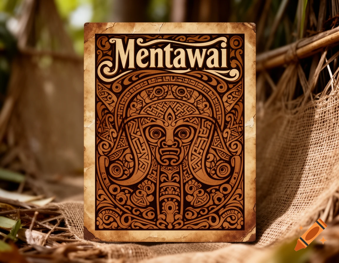A vintage-style poster featuring the word 'MENTAWAI' above an intricate tribal mask design, set against a blurred tropical background.
