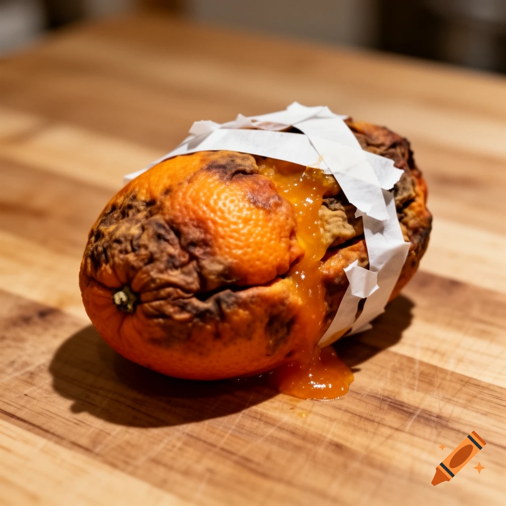 A rotten, squashed orange wrapped in white paper tape, with orange pulp and juice oozing out, on a wooden cutting board.