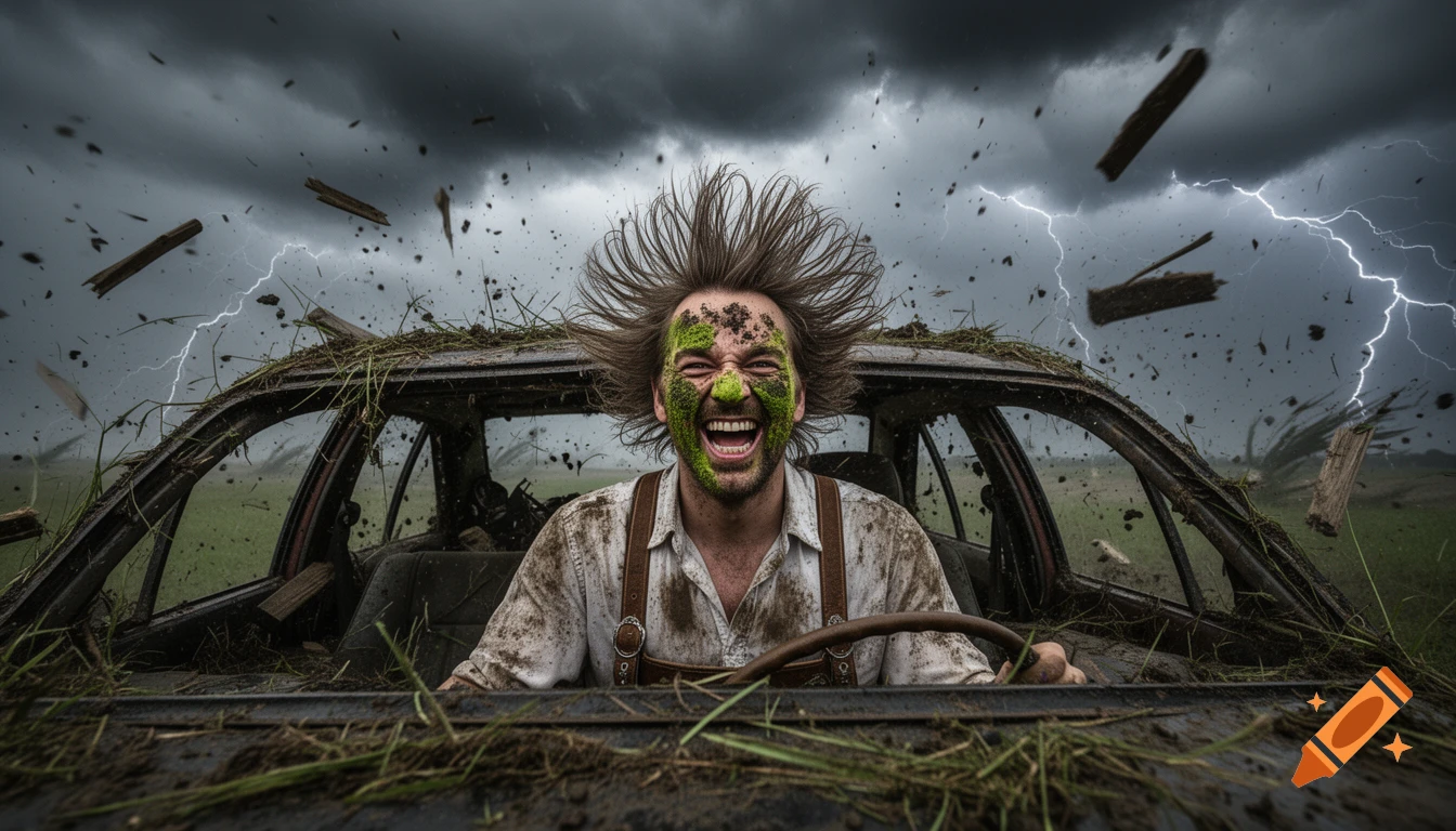 Man with green-smeared face wildly laughing in a wrecked car during a violent tornado, with lightning and flying debris.